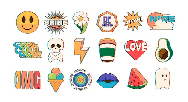 Trendy sticker pack Cartoon doodle patches and stamps with abstract comic characters and text trendy hipster badges with funny phrase Vector set