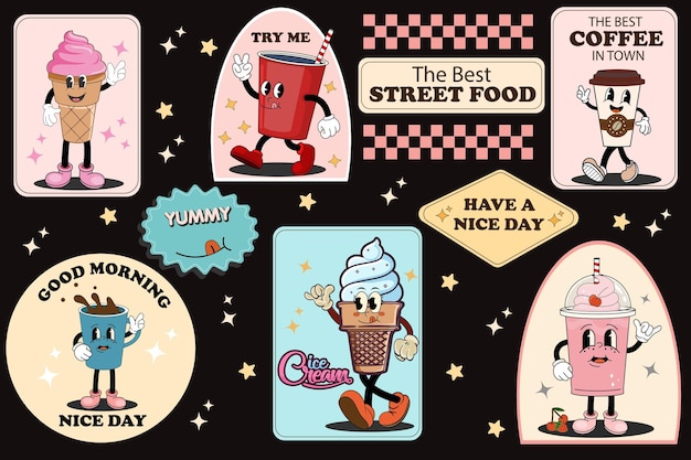 Trendy sticker set with cool retro characters of fast food coffee ice cream milkshake