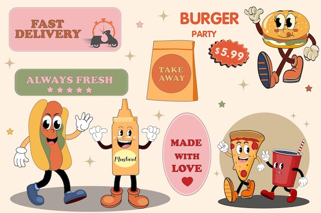 Trendy stickerset met funky retro foodkarakters Branding-mascottes voor café-restaurantbar