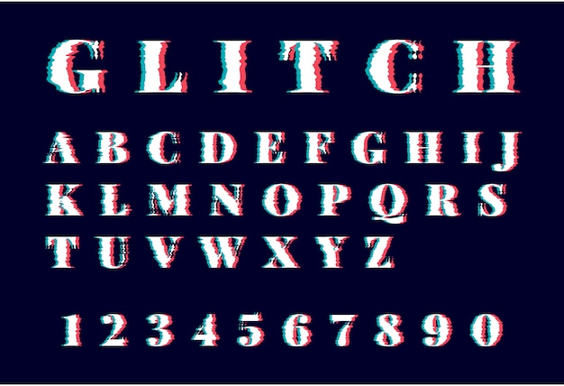 Trendy stijl vervormd glitch letterbeeld. Letters en getallen vector illustratie alfabet