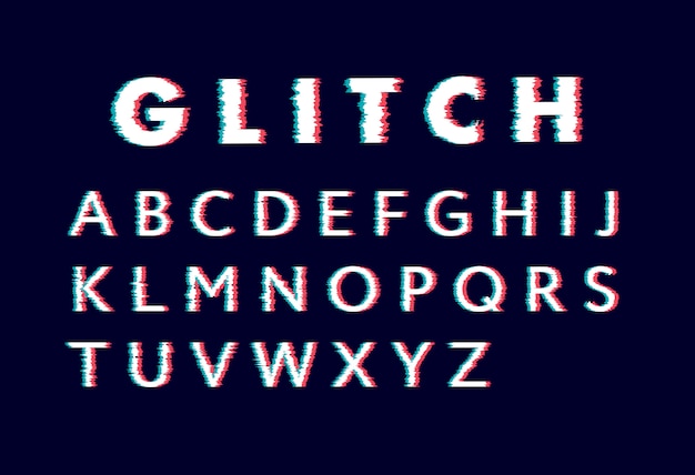 Trendy stijl vervormd glitch letterbeeld. Letters en getallen vector illustratie alfabet