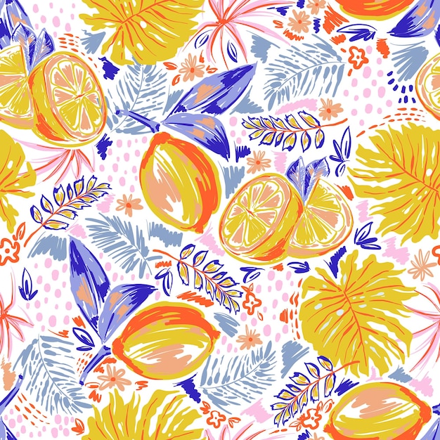 Vector trendy of summer fruits lemon and monstera leaves brushed strokes style seamless pattern