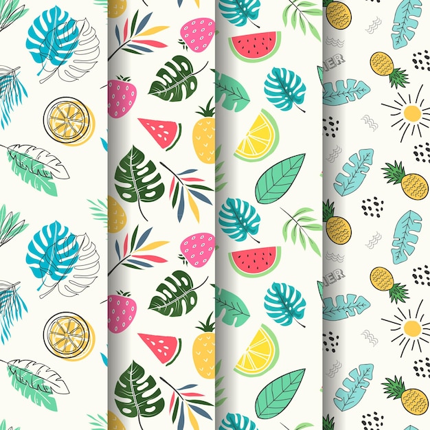 Vector trendy summer pattern collection with fruits tropical leaves