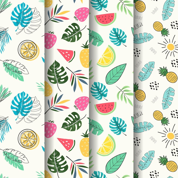 Vector trendy summer pattern collection with fruits tropical leaves