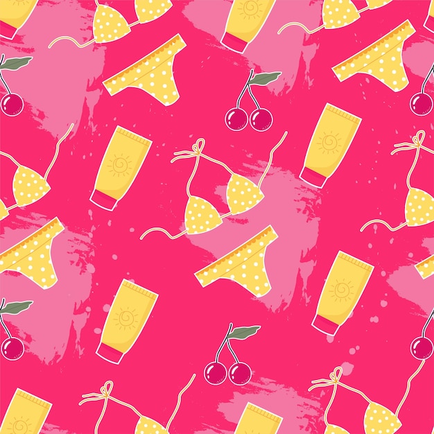 Trendy summer pattern with cherry and yellow swimsuit on an abstract background Bright summer pattern for printing paper wallpaper fabric and for the internet