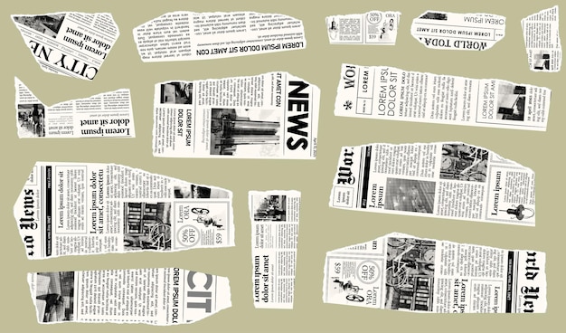 Trendy torn newspaper pieces Collage halftone elements Jagged edges Old paper clipping set Vintage grunge style concept Isolated background Trendy design template Vector illustration