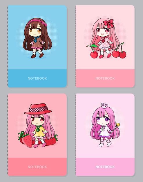 Vector trendy vector covers set with kawaii anime chibi girls. vector design for covers, notebooks, diary.