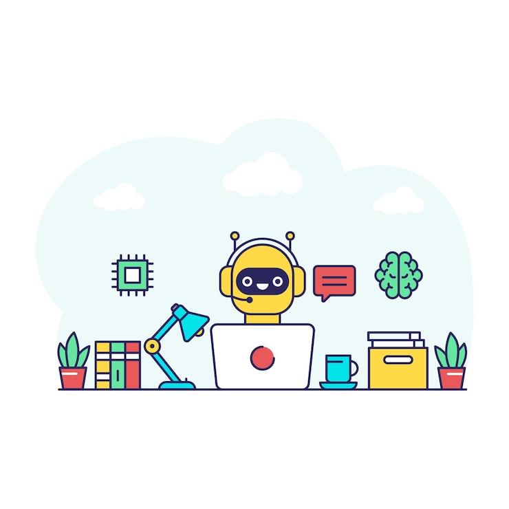 Vector trendy vector design of robot with laptop