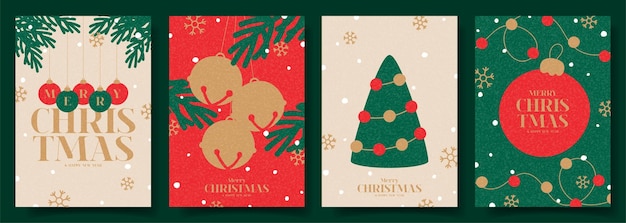 trendy vector illustration with christmas fir tree branches jingle bells and typography design minimalist new year cards for ads cover social media