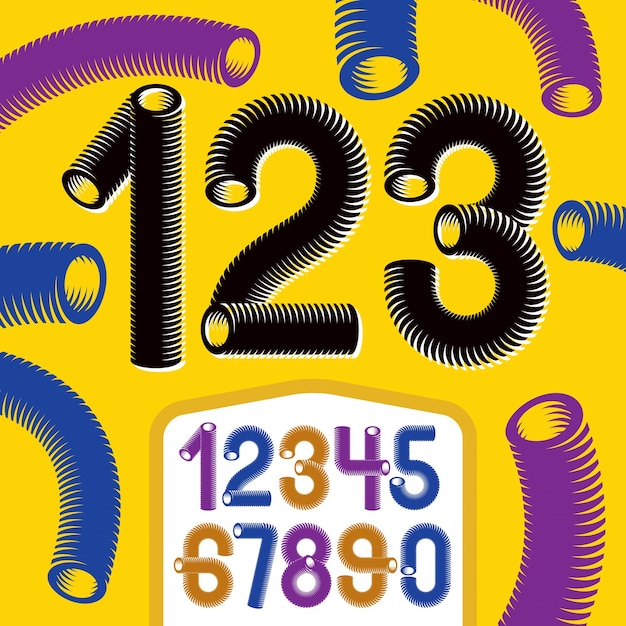 Trendy vector numerals collection. Modern funky numbers from 0 to 9 best for use in logo, poster creation. Made with 3d cylinder tube design, industry style.