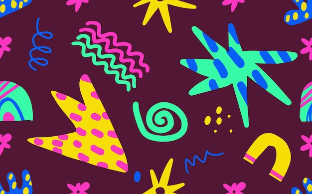 Trendy vector pattern with hand drawn dots shapes lines scribbles and objects