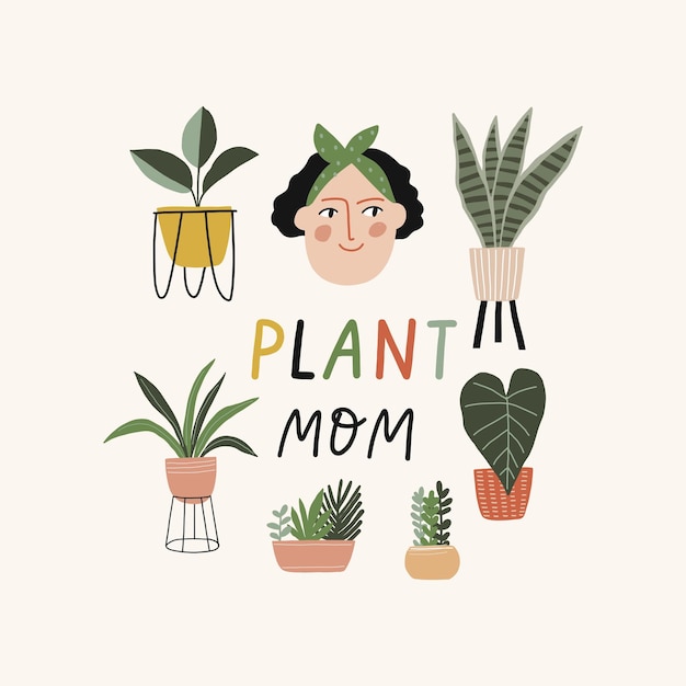 Vector trendy vector prints lady and plants in flat style boho vector woman and home plants