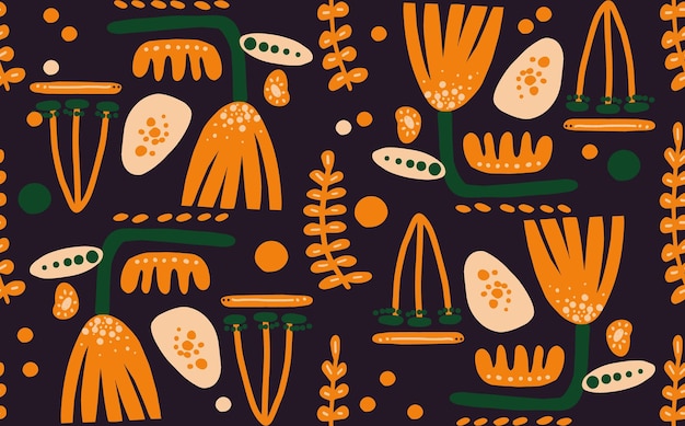 Vector trendy vector seamless repeating pattern with hand drawn orange flowers dots and different shapes background for cover wallpaper fabric clothes wrapper case textile cards