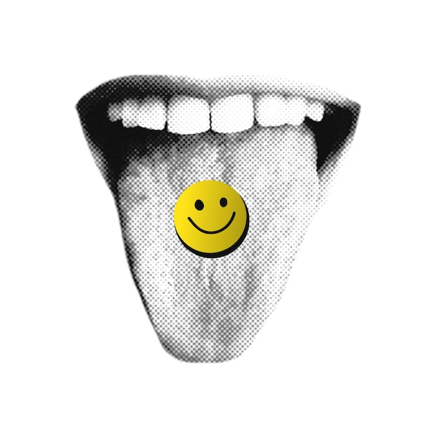 Модная винтажная полутонная коллажная концепция открытого рта с круглым улыбающимся лицом на языке Ретро газета и разорванная бумага Элементы для баннеров плакатов социальных сетей