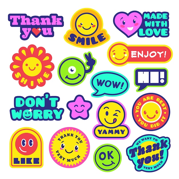 Trendy vrolijke stickers hippie positieve vibe patch Hipster geek grappige badges in jaren 90-stijl Bedankt en geniet van zuurgraad psychedelische glimlach gezichten netjes vectorelementen