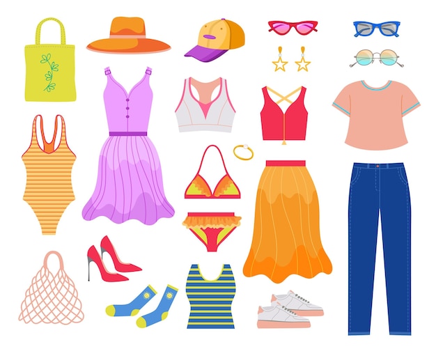 Trendy vrouwelijke zomer kleding platte vector illustraties set. collectie van strandkleding, schoenen en accessoires, jurk, rok, hoed, jeans of broek op witte achtergrond. mode, vakantieconcept