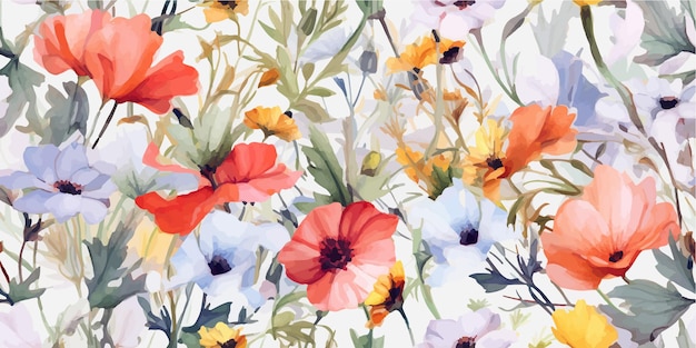 ワイルド・メイドウ・フラワーズ (Wild Meadow Flowers) 花束のイラストシームレス・パターン・ベクトル・デザイン (Seamless Pattern Vector Design) 