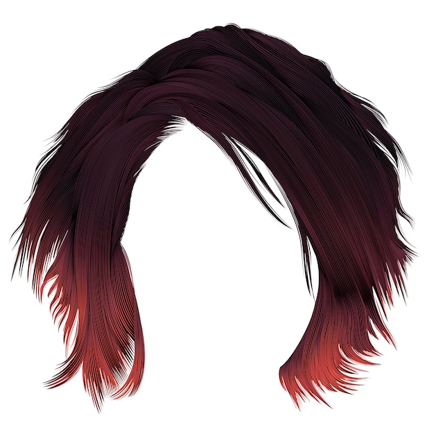 Vector trendy  woman disheveled hairs kare with fringe  . dark   varicolored  red coloring. medium length . beauty style . realistic  3d .