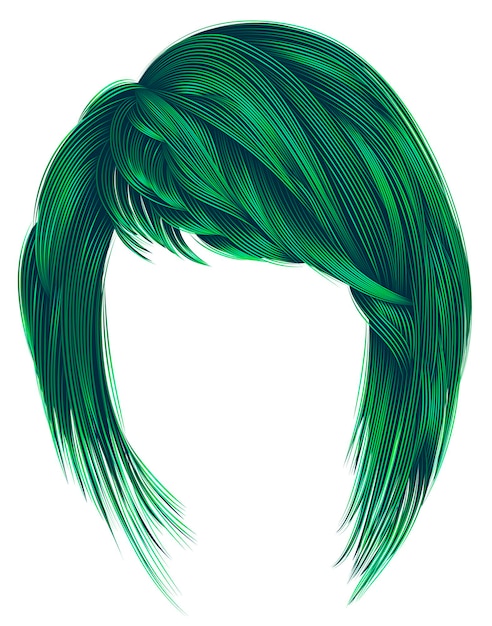 Trendy woman hairs green colors. kare with bangs. medium length. fashion beauty style. 