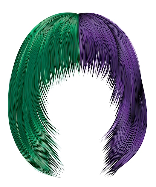 Capelli di donna alla moda colori viola e verdi. kare con frangia. moda di bellezza. 3d realistico .colorazione.