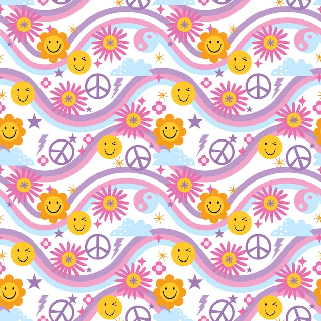 Vector trendy y2k naadloos patroon met retro-stijl bloemen lachende bloemen sterren en wolk groovy psych