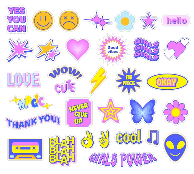 Trendy Y2K stickers Cute girly patches butterfly and glamour heart symbols Retro stars flowers and smiles vector set