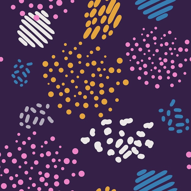 Trendy yk abstract vector seamless pattern hand drawn various shapes and doodles on on purple