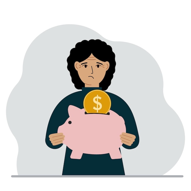 Treurige vrouw houdt een spaarvarken vast, een munt valt in het spaarvarken het concept van sparen, sparen, investeren, financieren