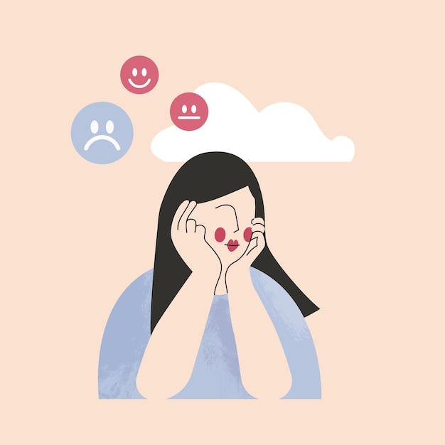 Treurige vrouw of afstandelijk meisje tiener alleen met expressies platte vector cartoon afbeelding Eenzame depressieve tiener introvert Melancholie en innerlijk probleem