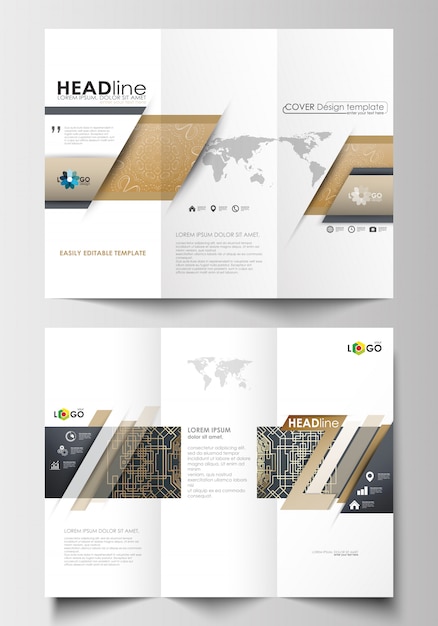 Vector tri-fold brochure business templates on both sides.