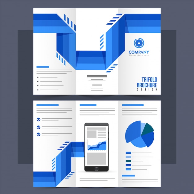 Tri-fold leaflet, brochure with abstract blue stripes.