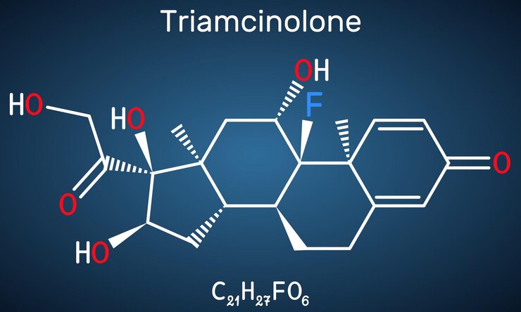 Vector triamcinolone glucocorticoid molecule structural chemical formula dark blue background vector