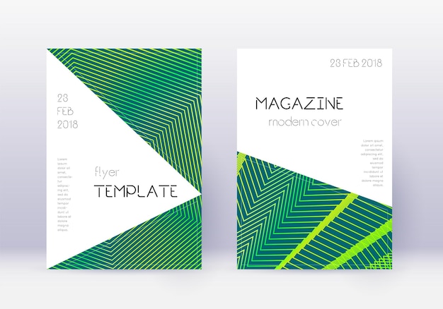 Triangle cover design template set. Green abstract lines on dark background. Impressive cover design. Sightly catalog, poster, book template etc.