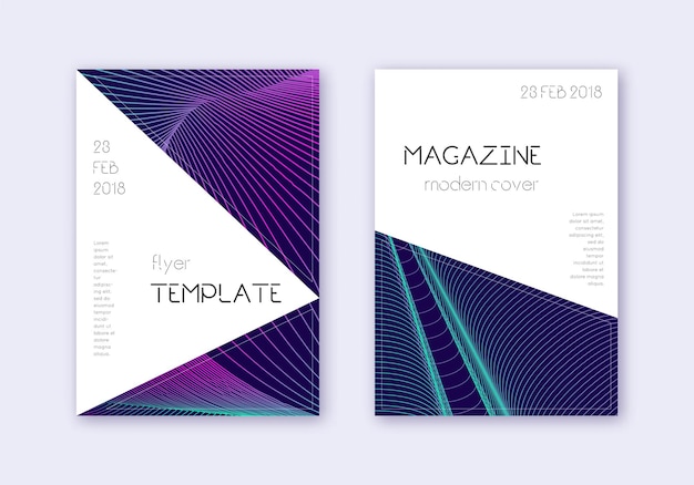 Triangle cover design template set. Neon abstract lines on dark blue background. Incredible cover design. Dazzling catalog, poster, book template etc.