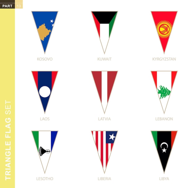 Набор треугольных флагов, стилизованные флаги Косово, Кувейта, Кыргызстана, Лаоса, Латвии, Ливана, Лесото, Либерии, Ливии