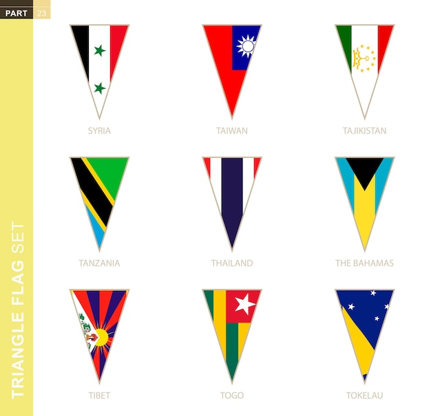 삼각형 깃발 세트, 시리아, 대만, 타지키스탄, 탄자니아, 태국, 바하마, 티베트, 토고, 토켈라우의 양식화된 국가 깃발