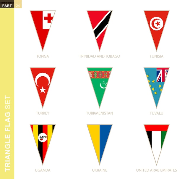 Triangle flag set, stylized country flags of Tonga, Trinidad and Tobago, Tunisia, Turkey, Turkmenistan, Tuvalu, Uganda, Ukraine, United Arab Emirates