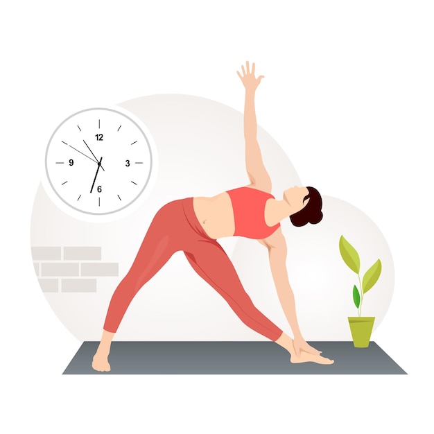 Vector triangle pose utthita trikonasana woman practicing triangle yoga exercise