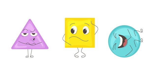 삼각형, 사각형, 원, 만화, 기하학적 모양, 다양한 감정을 보여주는 터 일러스트레이션 세트