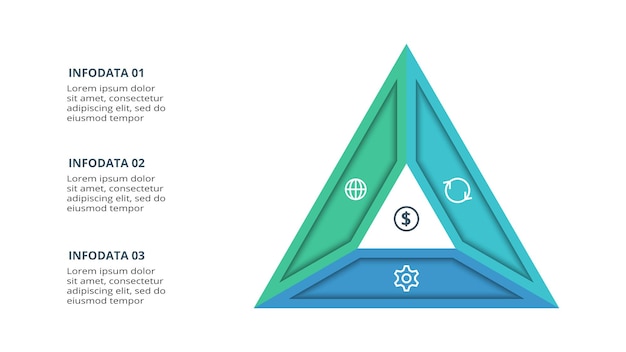 Web ビジネス プレゼンテーションの 3 つの要素インフォ グラフィック テンプレートを持つ三角形ベクトル イラスト ビジネス データの可視化