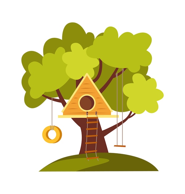 Vector triangle wooden tree house with swing flat icon