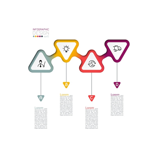 Triangles label infographic with step by steps.