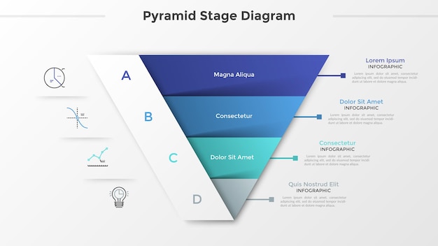 Grafico triangolare o diagramma piramidale diviso in 4 parti o livelli, icone lineari e posto per il testo. concetto di quattro fasi di sviluppo del progetto. modello di progettazione infografica. illustrazione vettoriale.