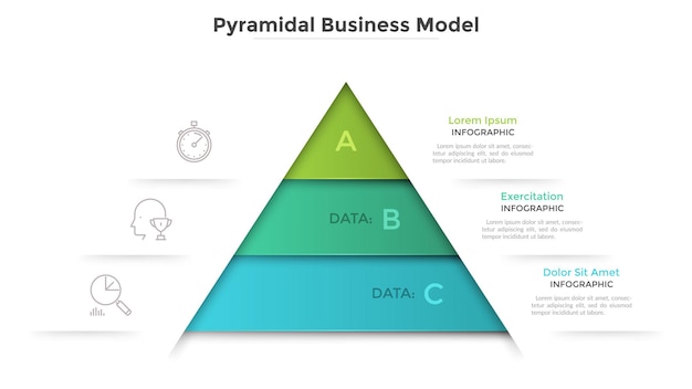 3つのレベルに分割された三角形の図。開発または進歩の3つの段階を持つピラミッドビジネスモデルの概念。モダンなインフォグラフィックデザインテンプレート。プレゼンテーションのベクトルイラスト。