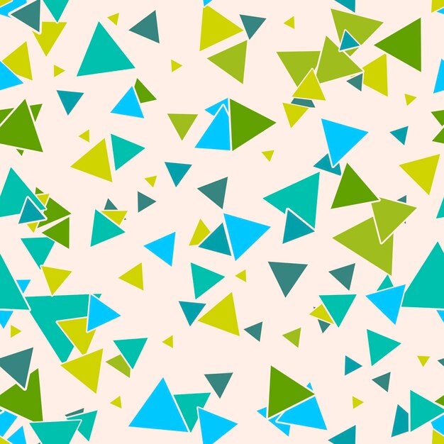 Triangular geometric seamless pattern with colorful green, blue random triangles on pastel beige