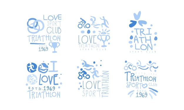 Triathlon Club Logo Set I Love Sport Met de hand getekende etiketten Vector illustratie