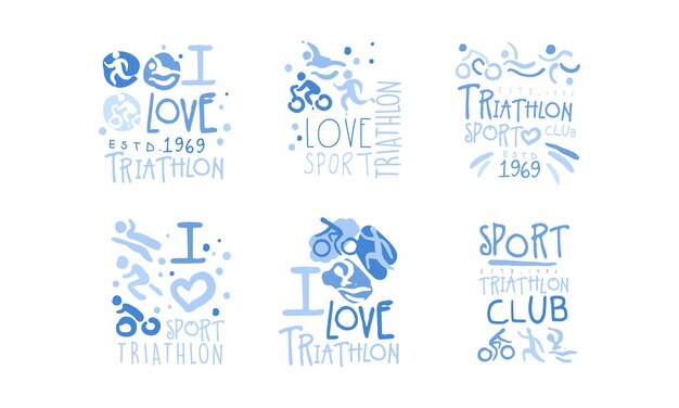 Triathlon Club Logo Set I Love Sport Retro Met de hand getekende etiketten Vector illustratie