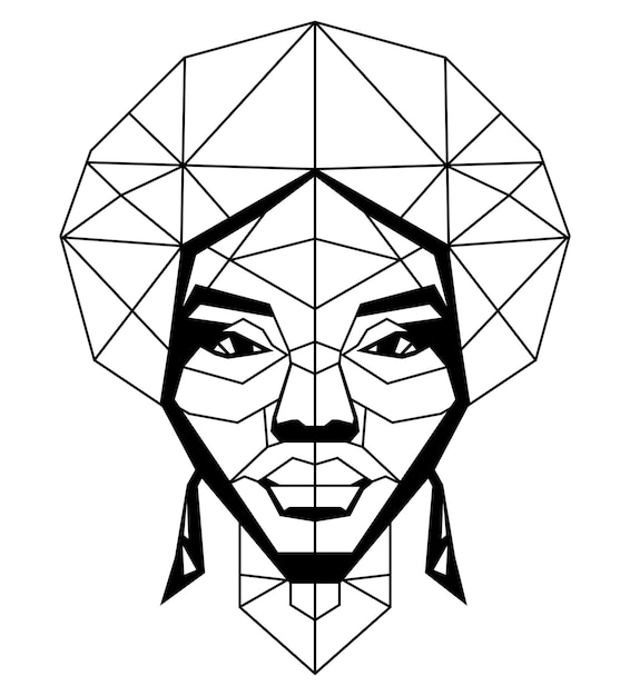 アフリカの部族のシンプルなライン抽象的な肖像画対称的な幾何学的な立方体スタイルの低ポリ図面