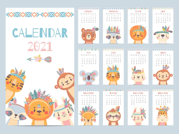 Tribal animal calendar. monthly 2021 calendar with cute forest animals, savanna characters. bear, fox and lion, rabbit, giraffe vector image. characters with feathers and flowers on head