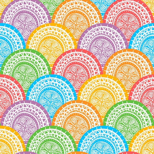 Tribal beautiful abstract seamless colorful round pattern with flowers and triangles